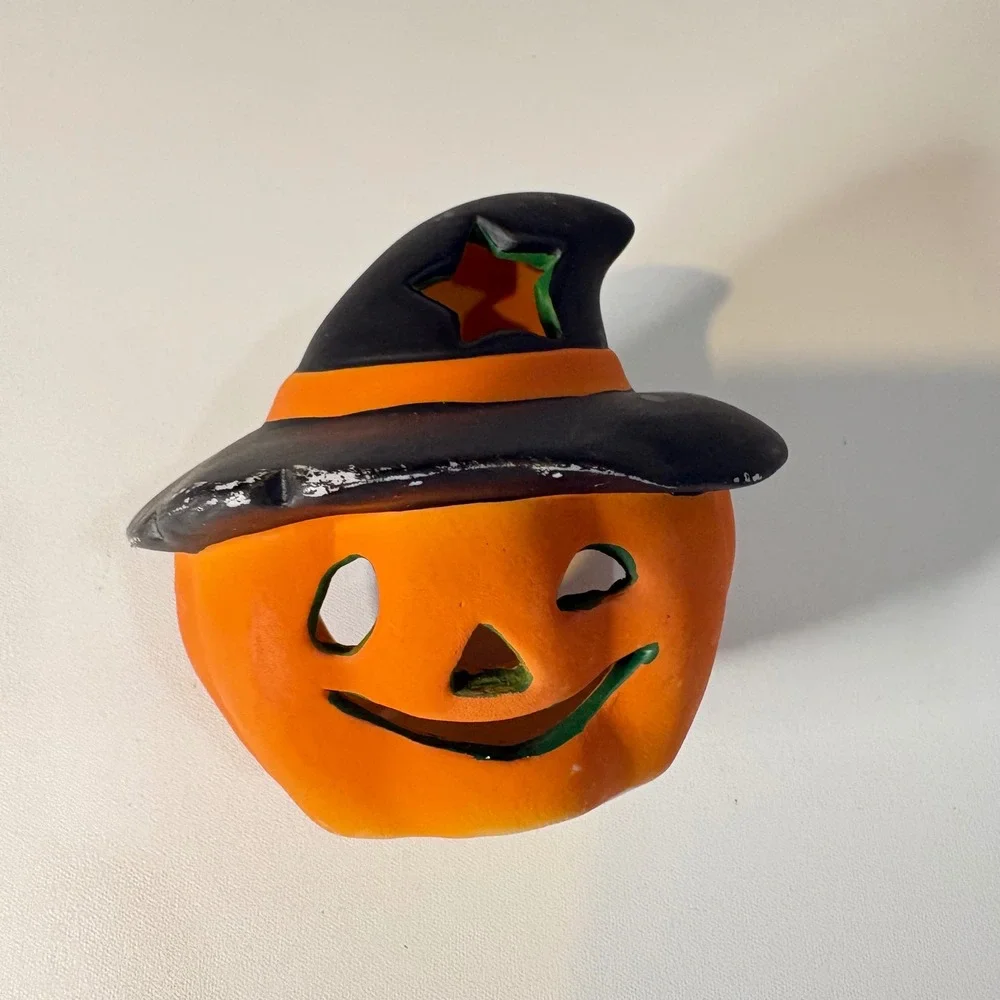 Vintage Ceramic Pumpkin Jack-O-Lantern Witch Hat Tea Light Candle Holder Orange